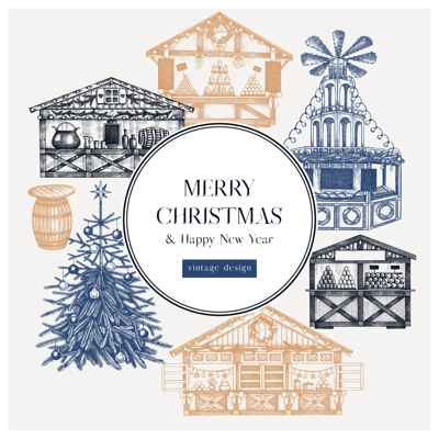 Vintage Christmas card or invitation template. Traditional European architecture. Christmas market with souvenir stalls, Christmas tree, fast food, candy shops sketches. Winter holidays background. 